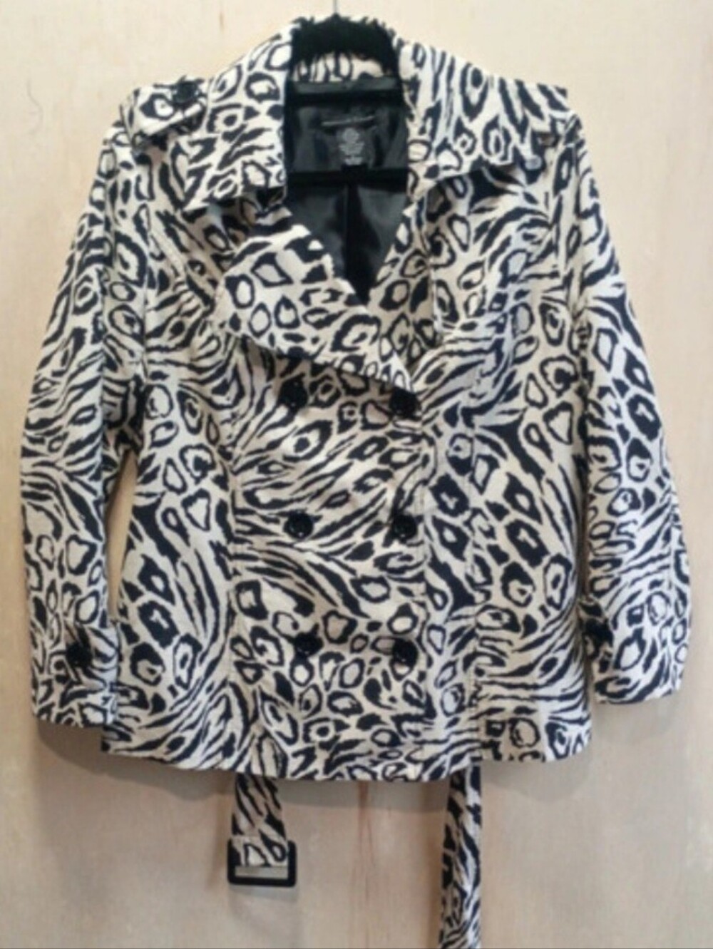 Marina Luna Silk Black and White Animal-Print Trench Coat $129 Retail Large NWT